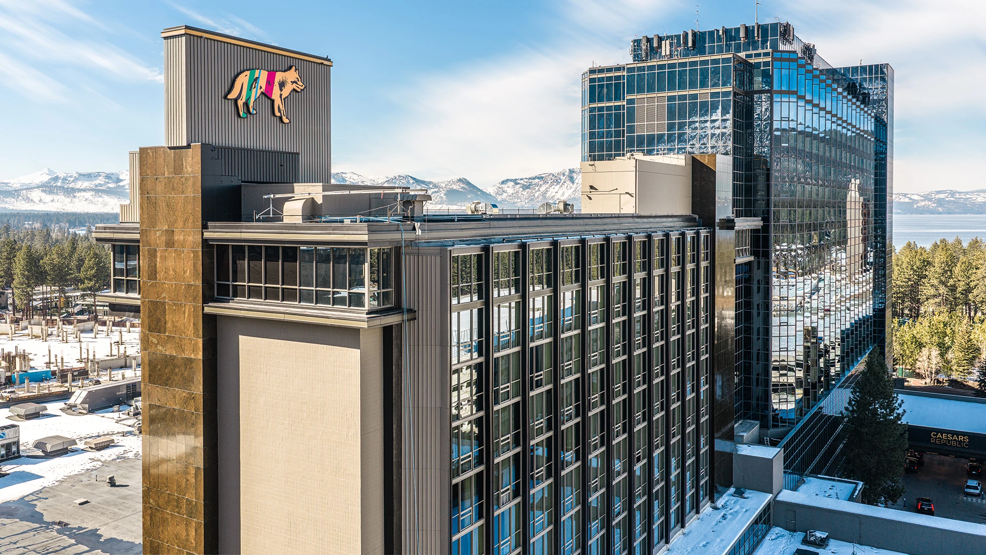 Exterior drone shot of Caesars Republic in South Lake Tahoe