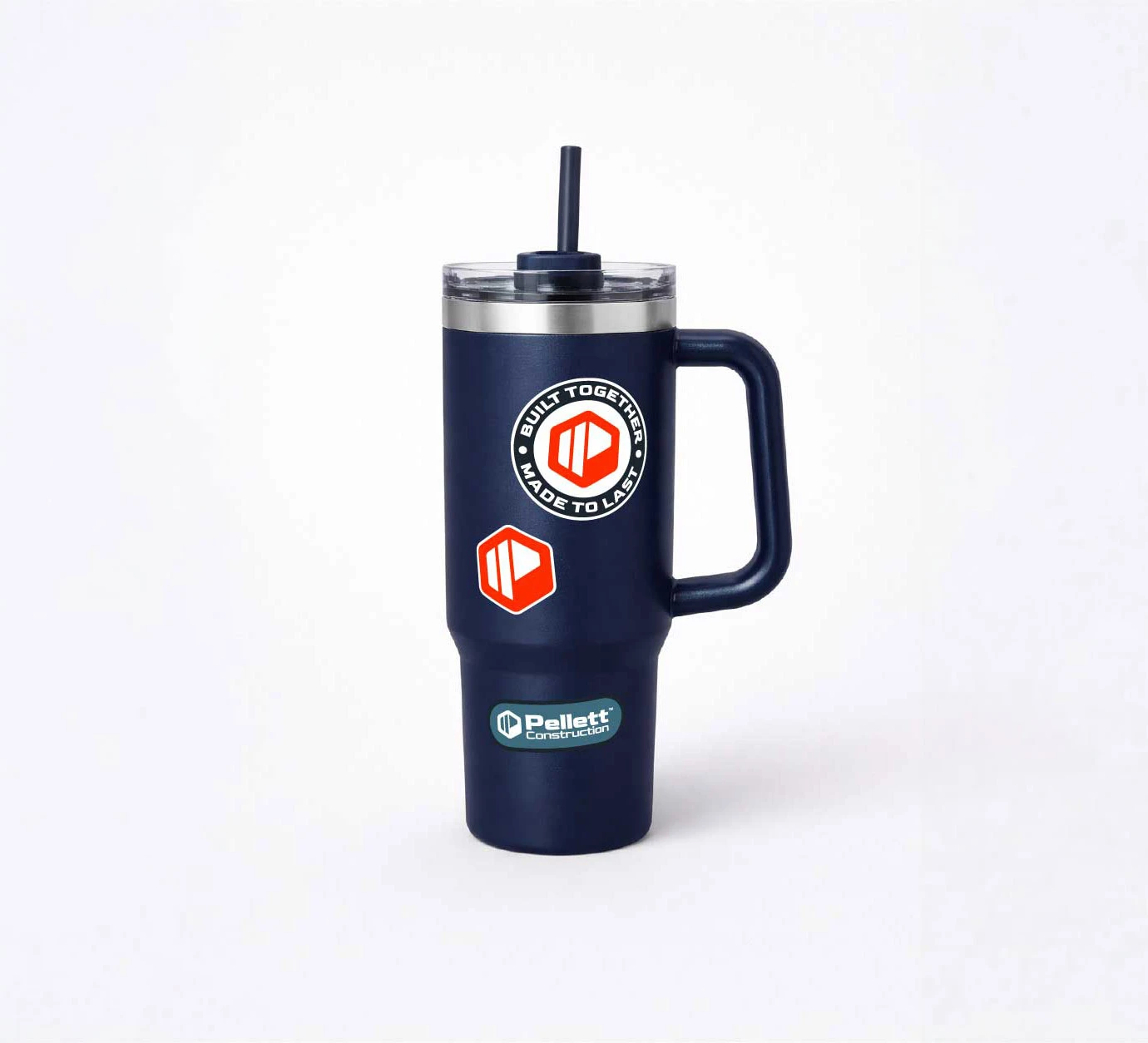 Mockup of a water bottle with stickers of the Pellett logo on it