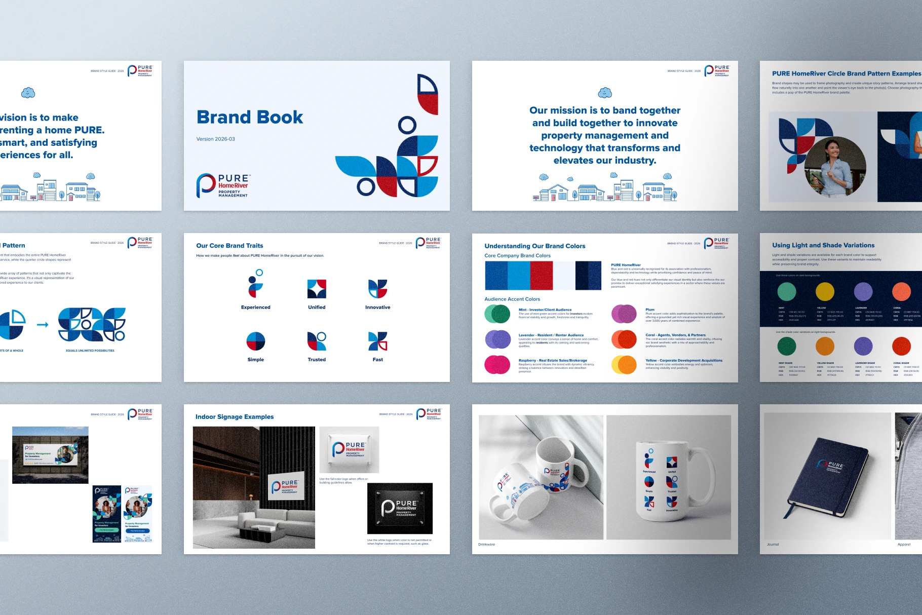 Grid of pages from the PURE Home River brand guides