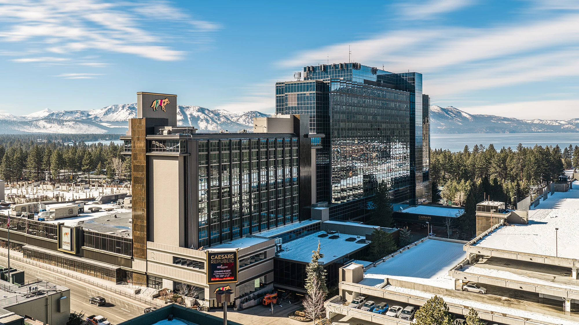 Exterior drone shot of Caesars Republic