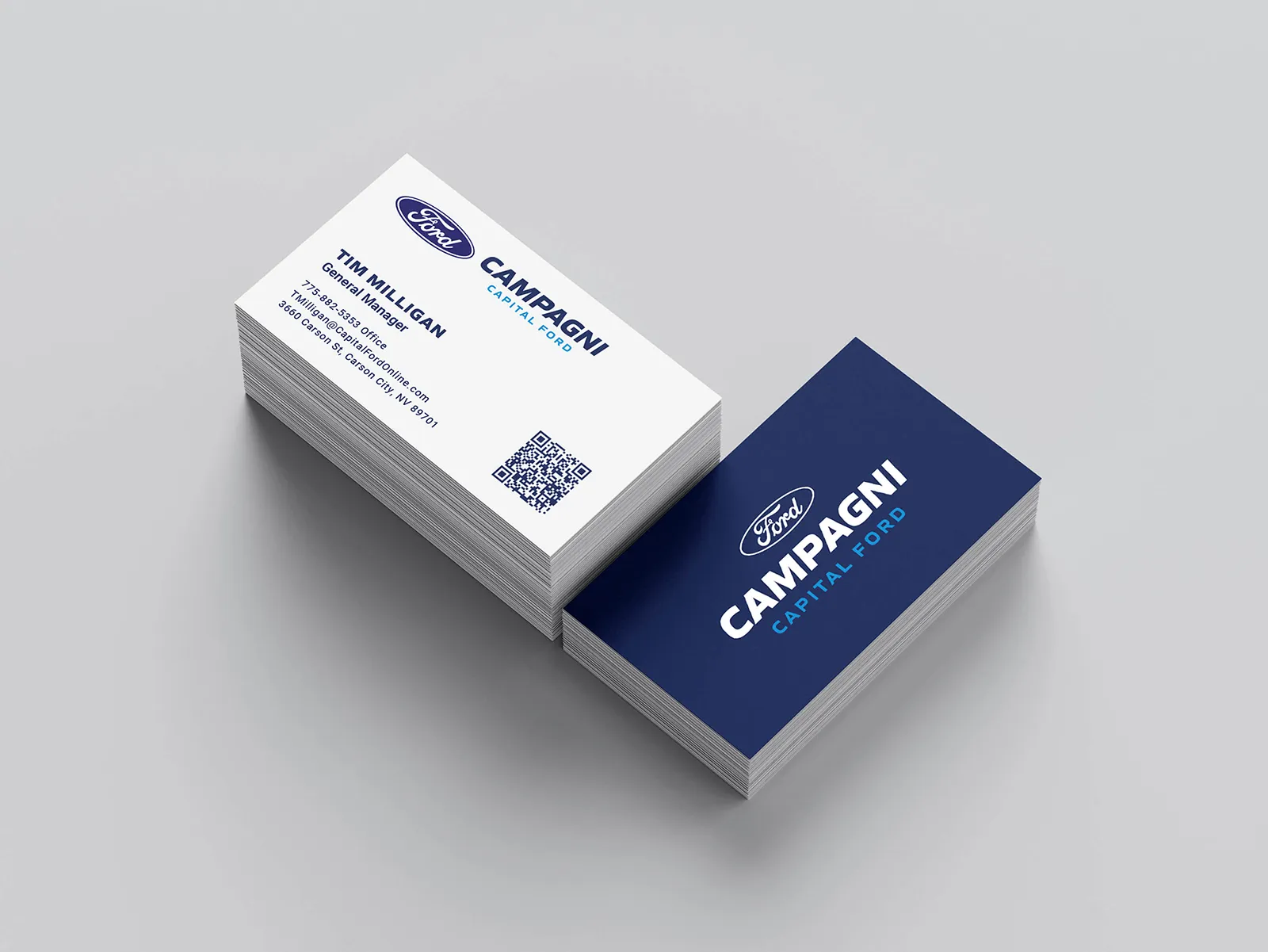 Mockup of Campagni Ford Business Cards on a grey background