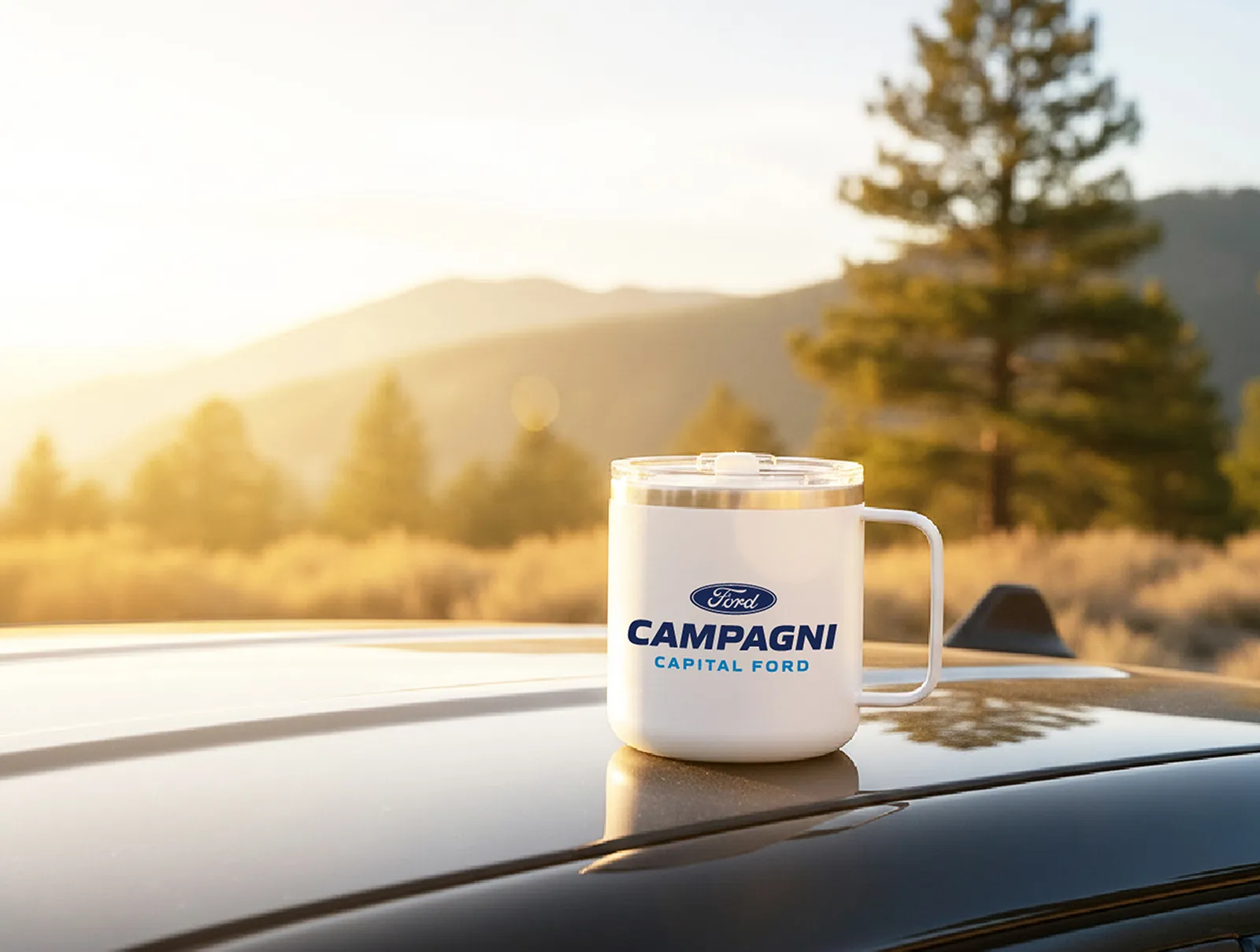 Mockup of a mug on the hood of a truck in the forest