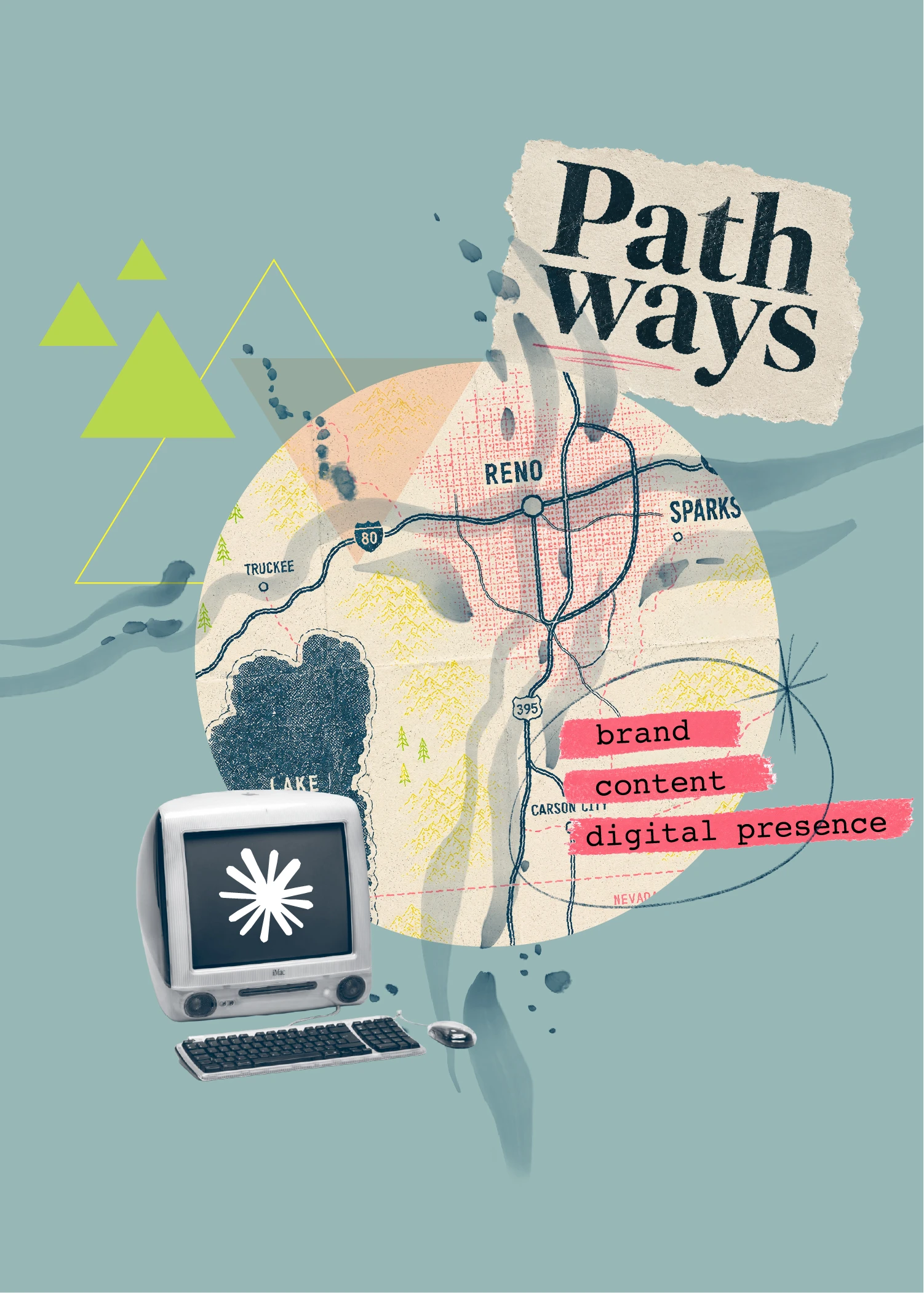 Collage-style graphic featuring a Reno-area map, vintage computer, and “Pathways” branding.