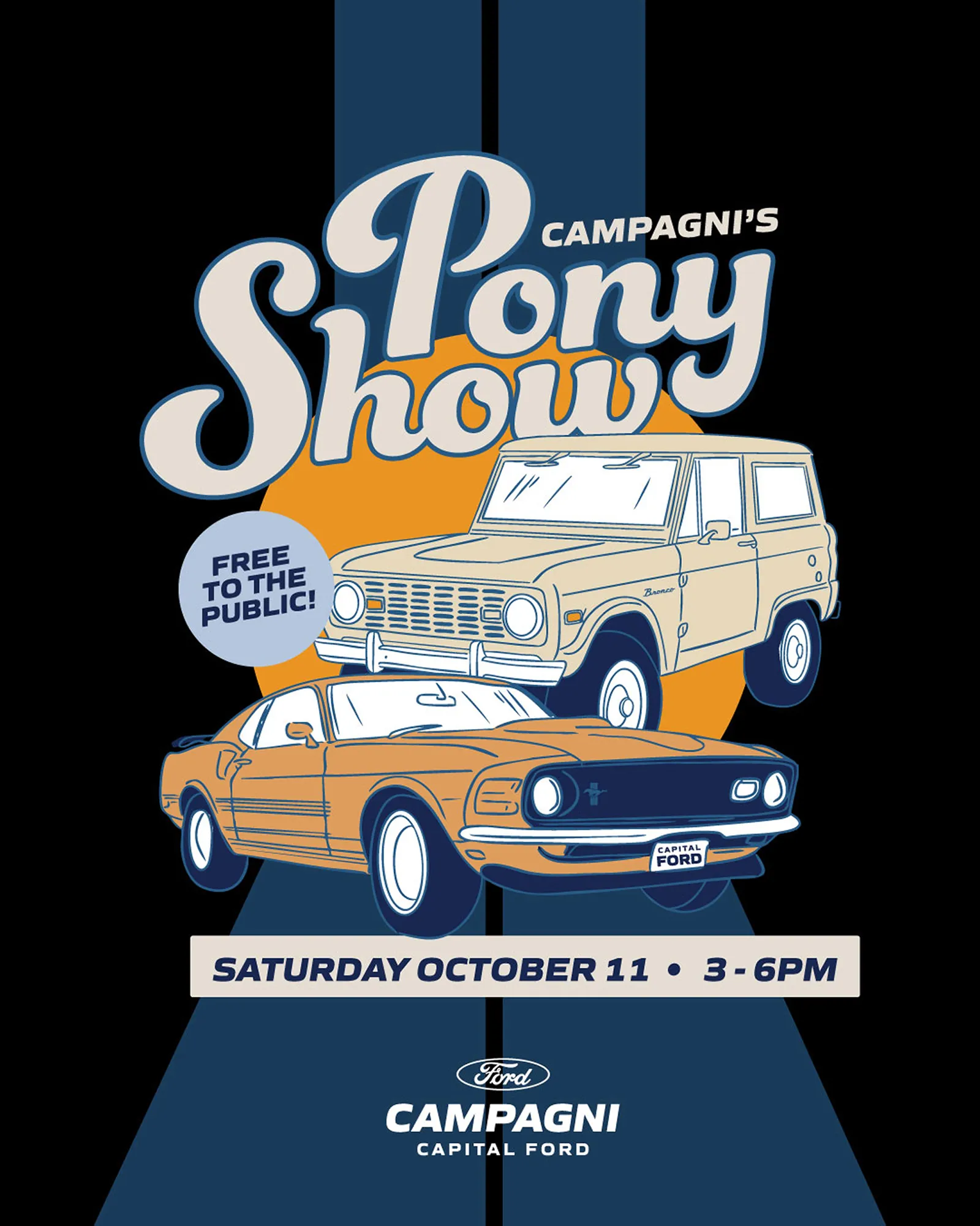 Social Media graphic of an illustrated vintage bronco and mustang for the Campagni Pony Show