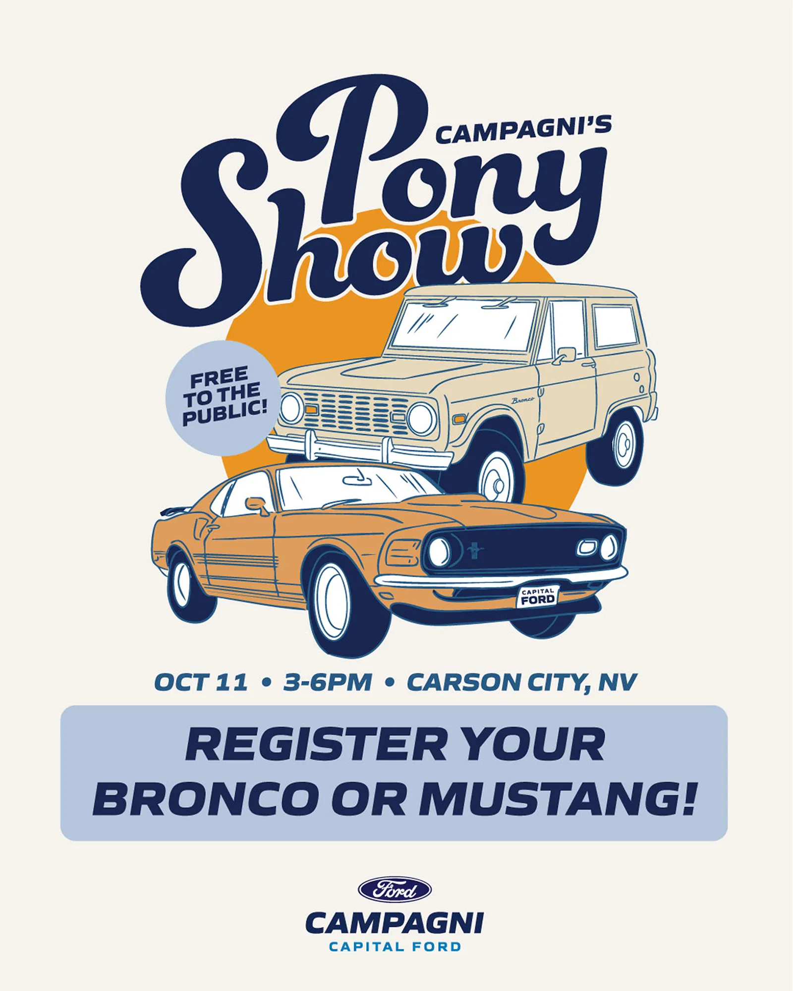 Social Media graphic of an illustrated vintage bronco and mustang for the Campagni Pony Show