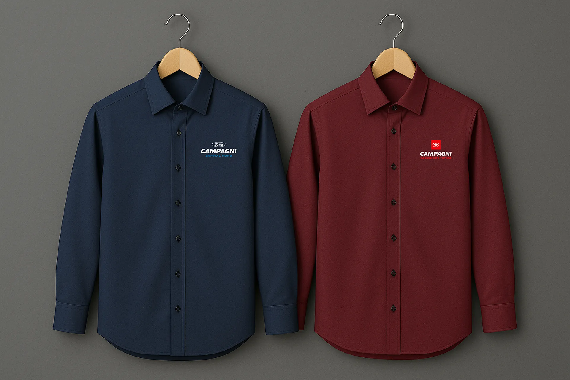 Mockup of a navy blue shirt and a maroon shirt on hangers with dealership logos