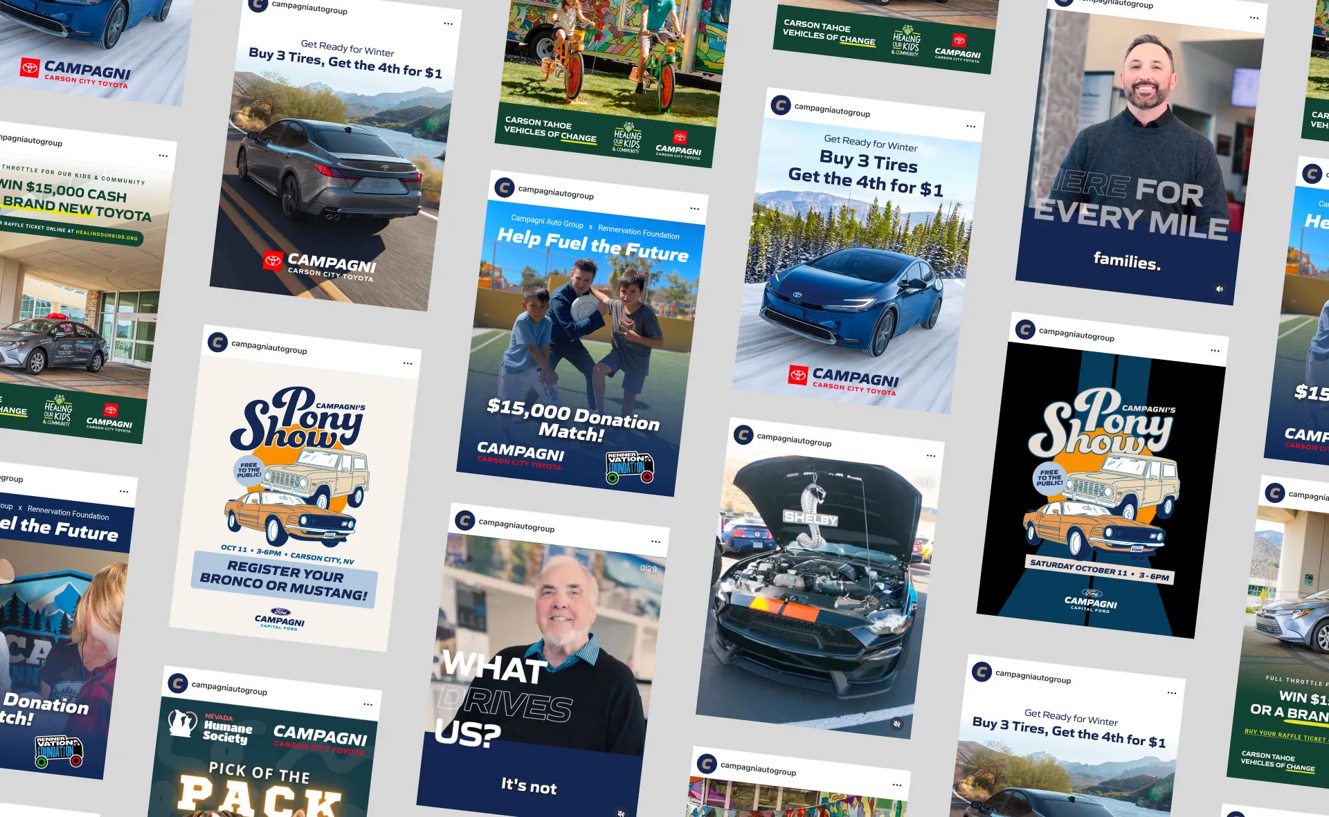 Grid of different social media posts for Campagni Ford and Toyota