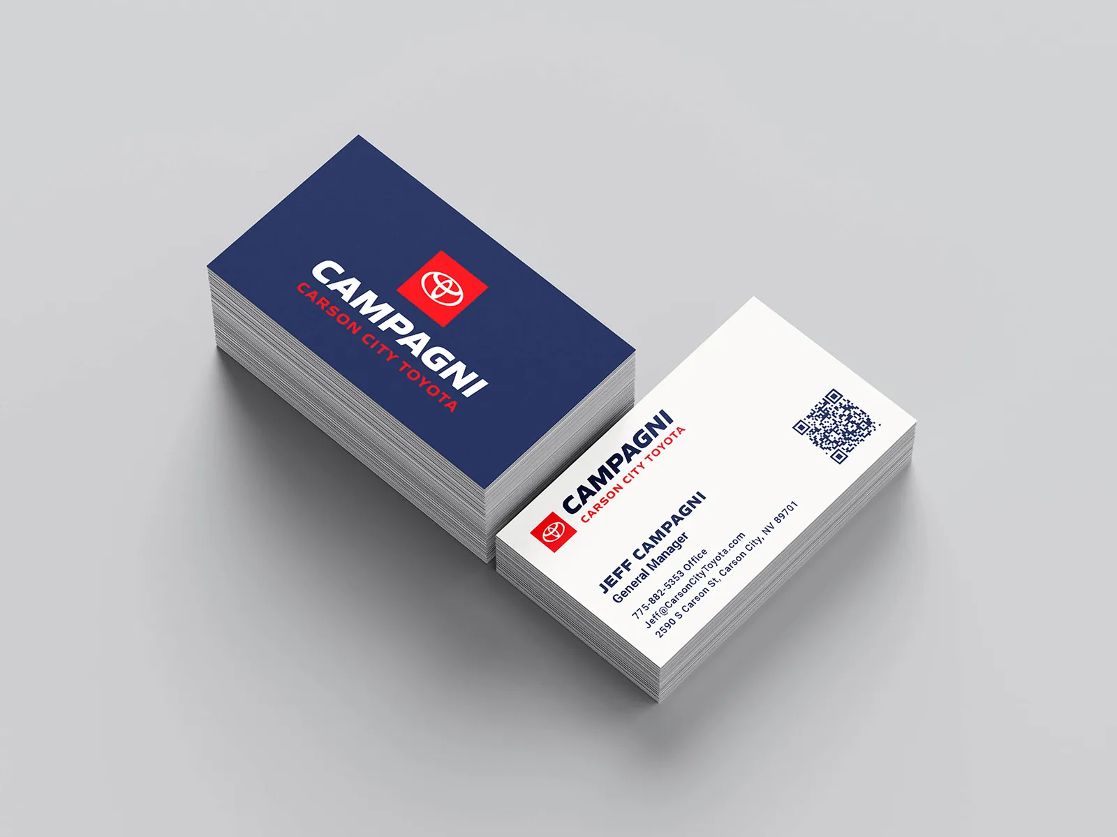 Mockup of Campagni Toyota Business Cards on a grey background