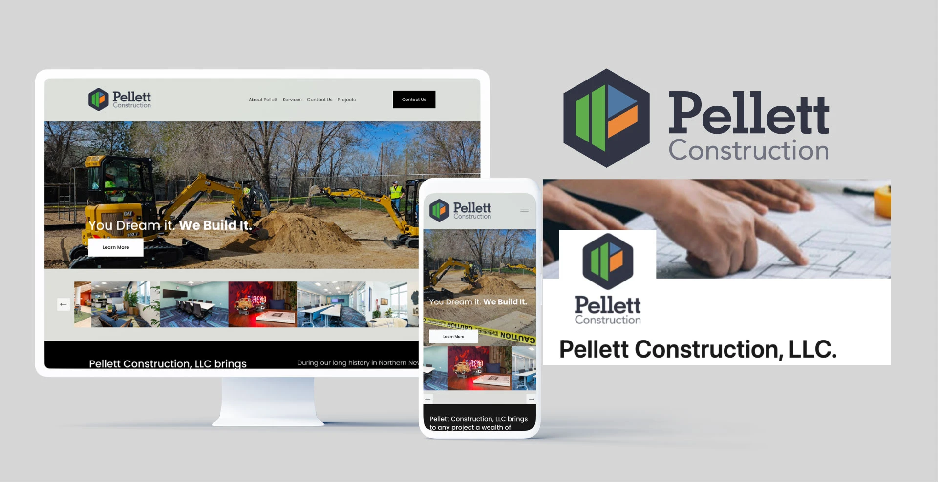 Before image of the Pellett logo, desktop website and mobile website