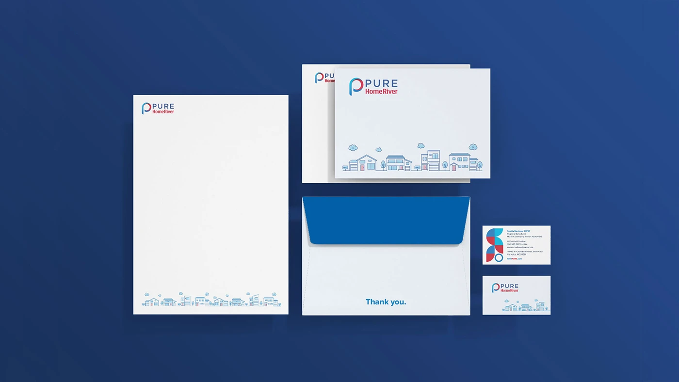 Image of PURE Home River business stationary - letterhead, thank you card, envelope and business cards.